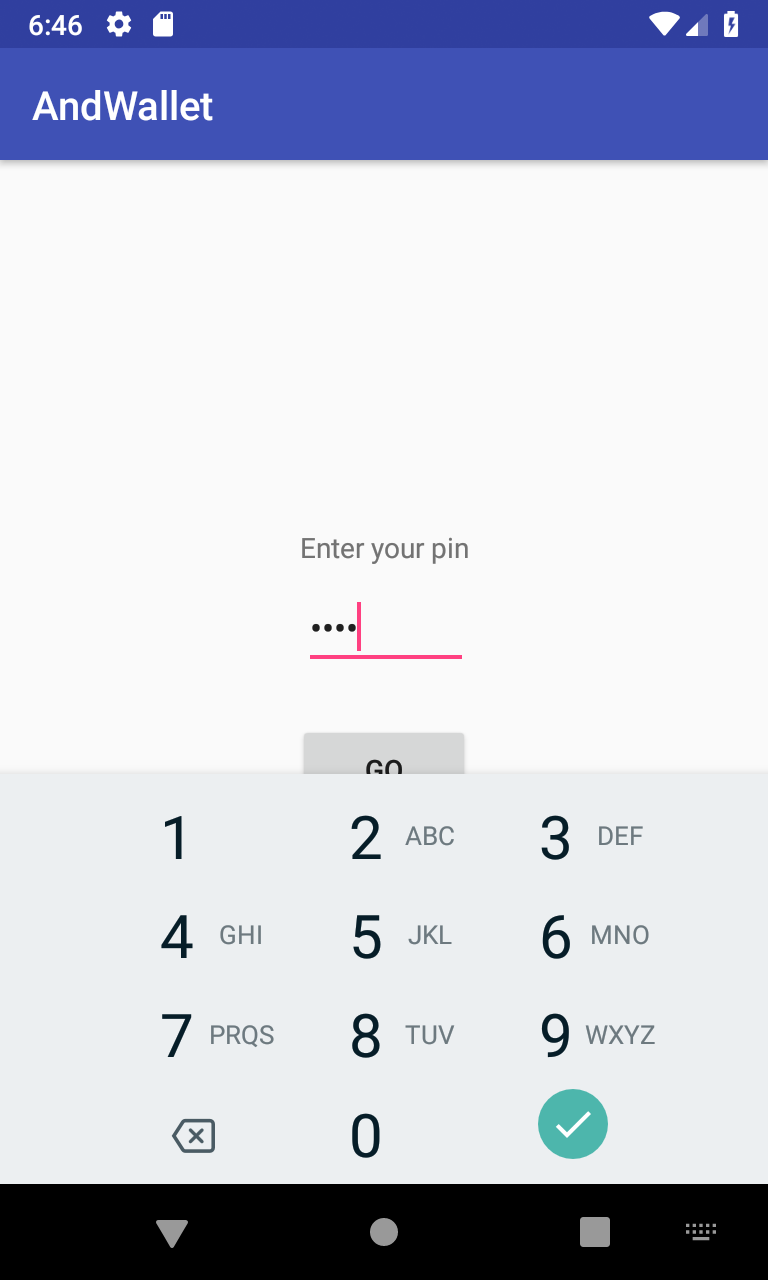 PIN entry screen AndWallet app