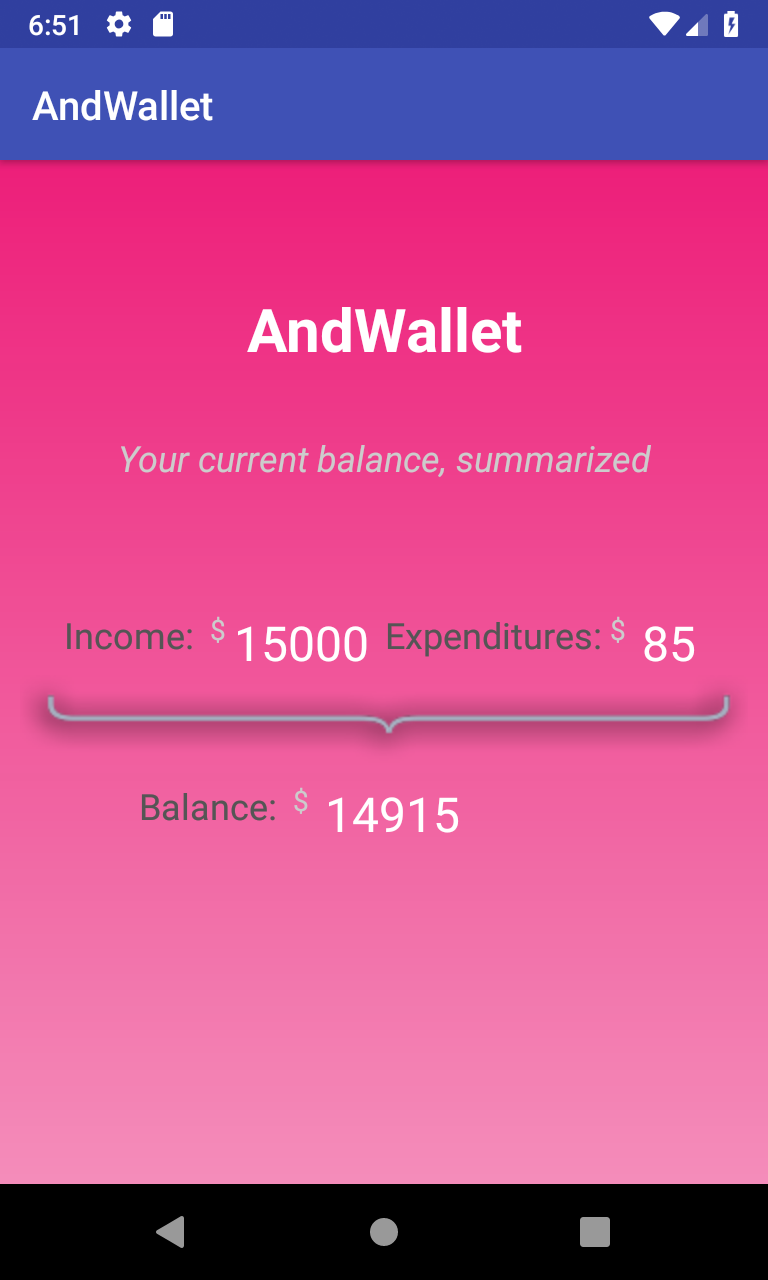 AndWallet summary screen