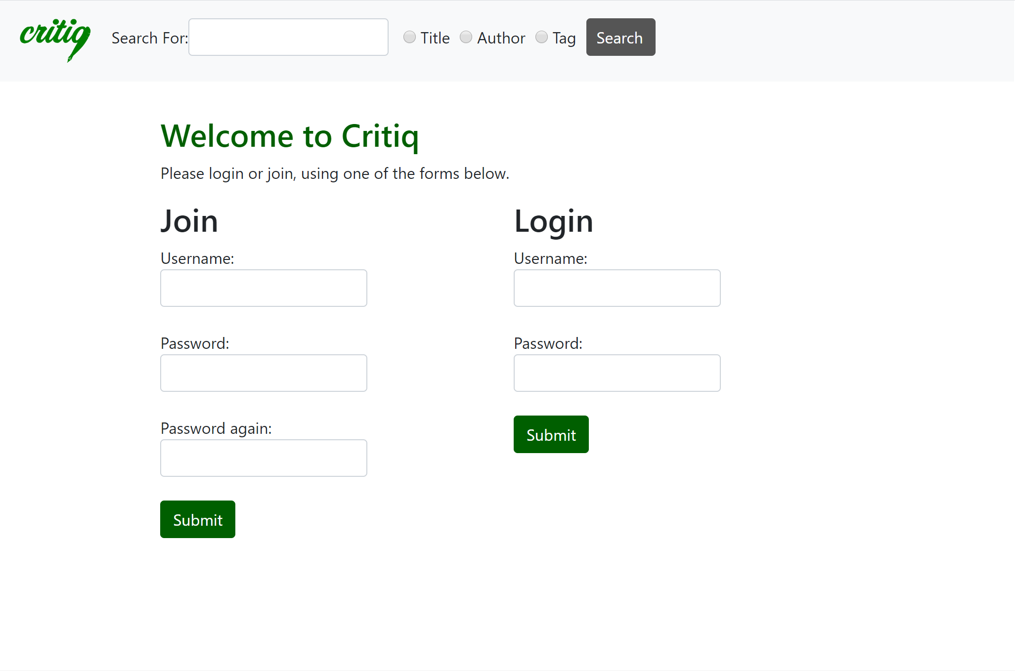 login page of critiq