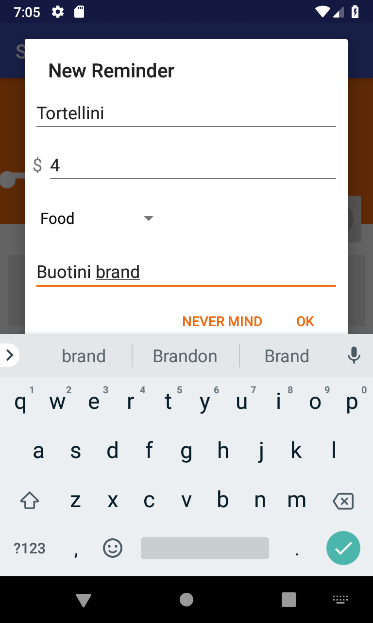 Shopping list app Add Item dialog