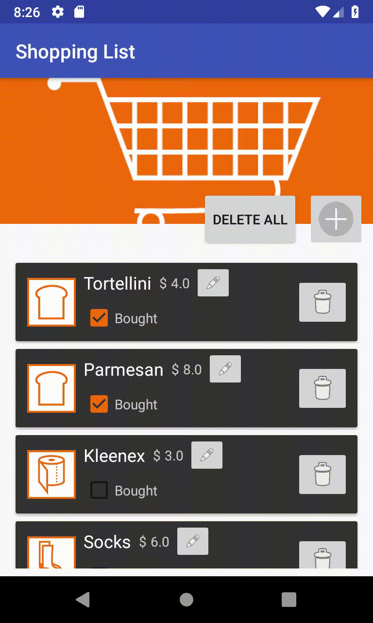 Shopping list app main screen